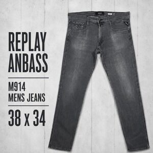Replay Anbass‎ M914 Slim Fit Jeans Mens 38x34 Charcoal Grey Stretch Denim